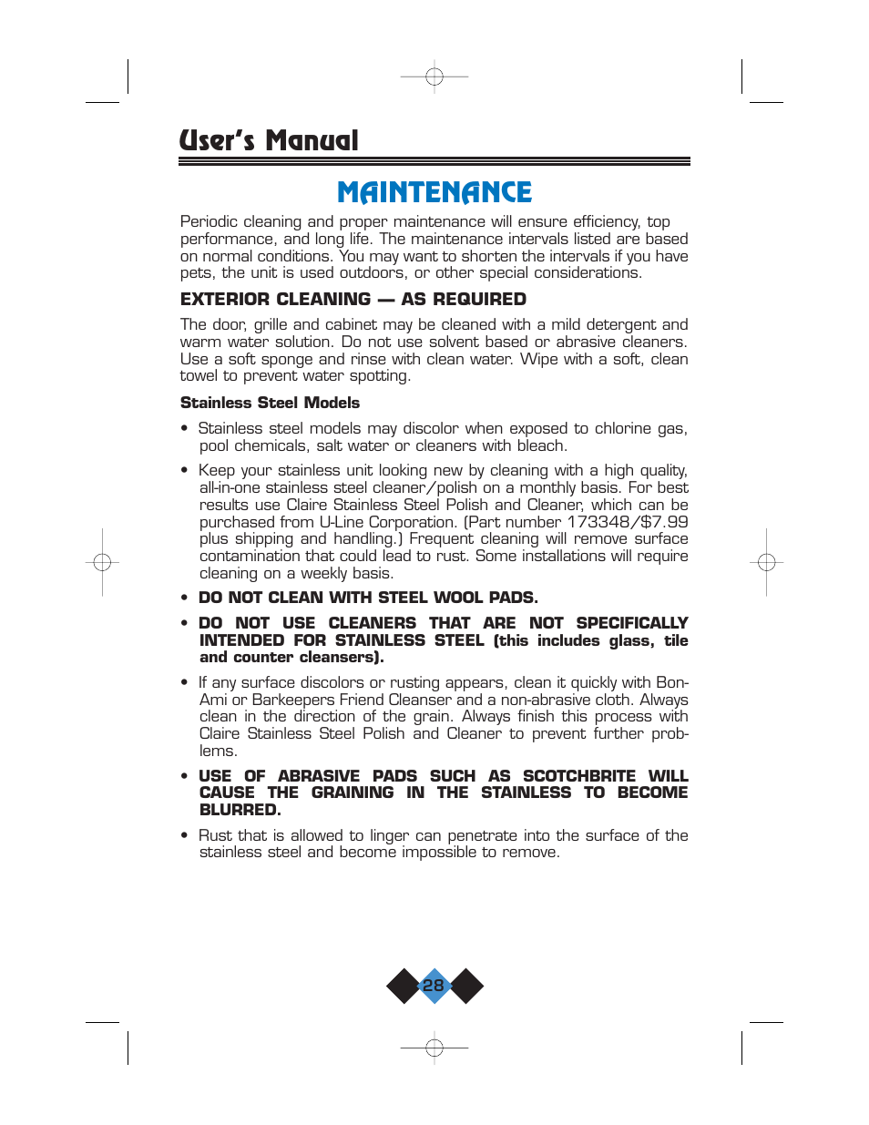 Maintenance, User’s manual maintenance | U-Line CLR2060 User Manual | Page 30 / 44