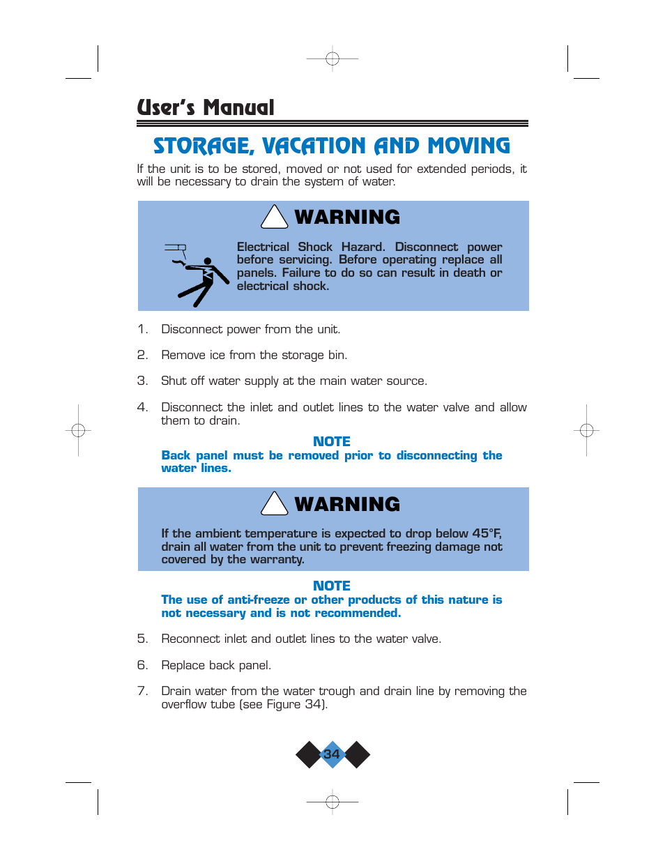 Storage, vacation and moving, User’s manual storage, vacation and moving, Warning | U-Line CLR2060 User Manual | Page 36 / 44