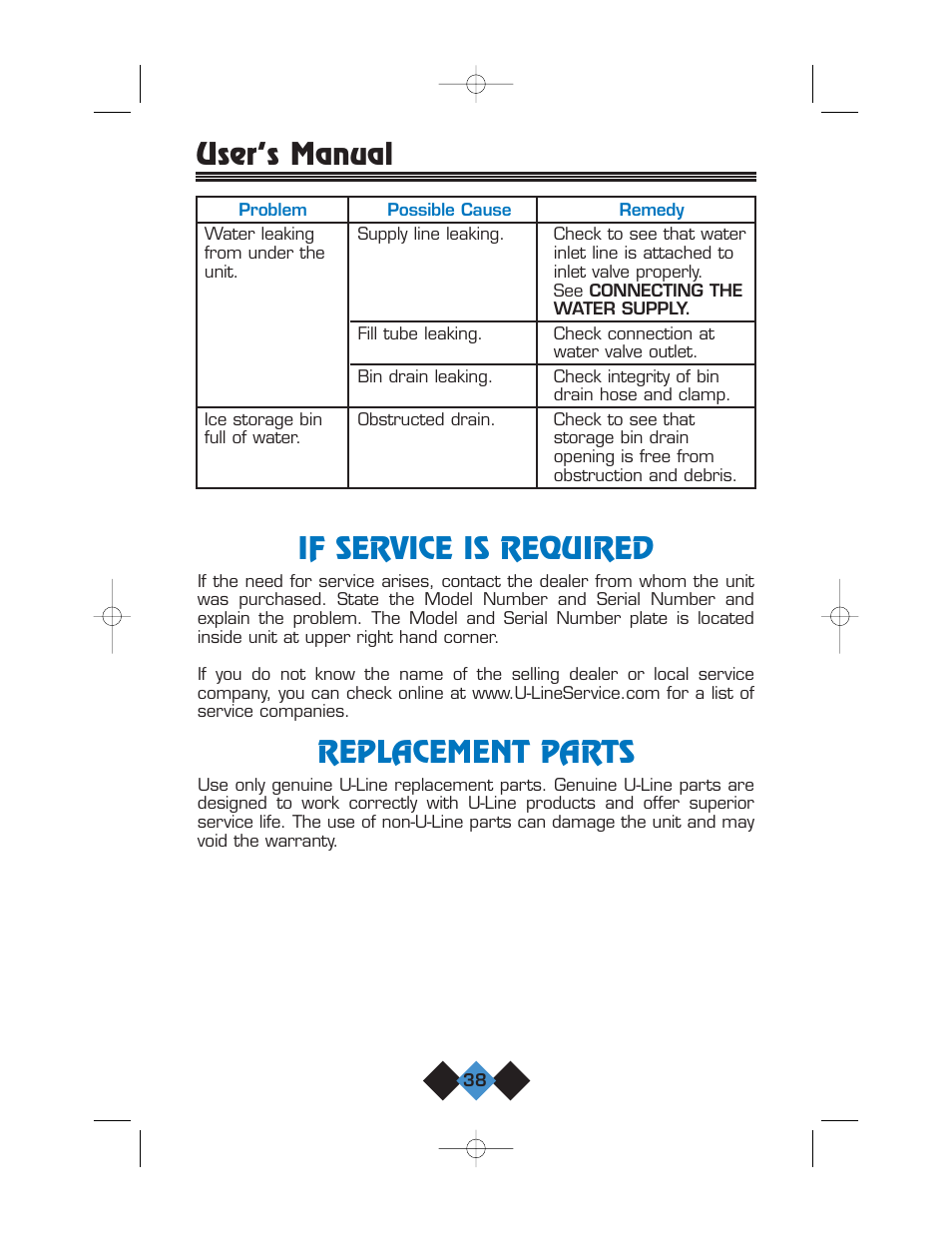 If service is required, Replacement parts, If service is required replacement parts | User’s manual | U-Line CLR2060 User Manual | Page 40 / 44