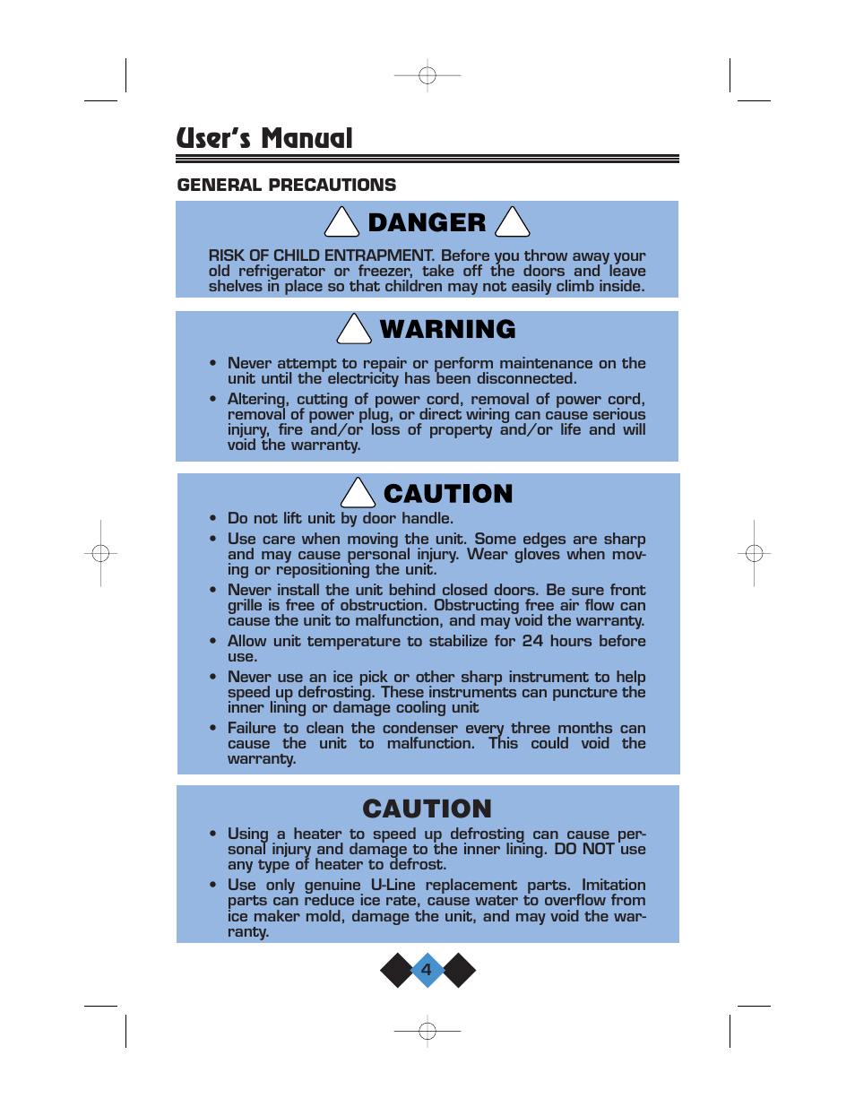 Caution, Warning danger, User’s manual | U-Line CLR2060 User Manual | Page 6 / 44