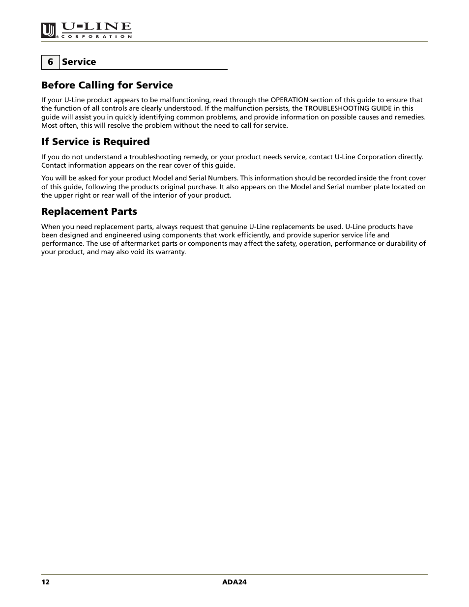Service, Ada series | U-Line ADA SERIES ADA24R User Manual | Page 14 / 20