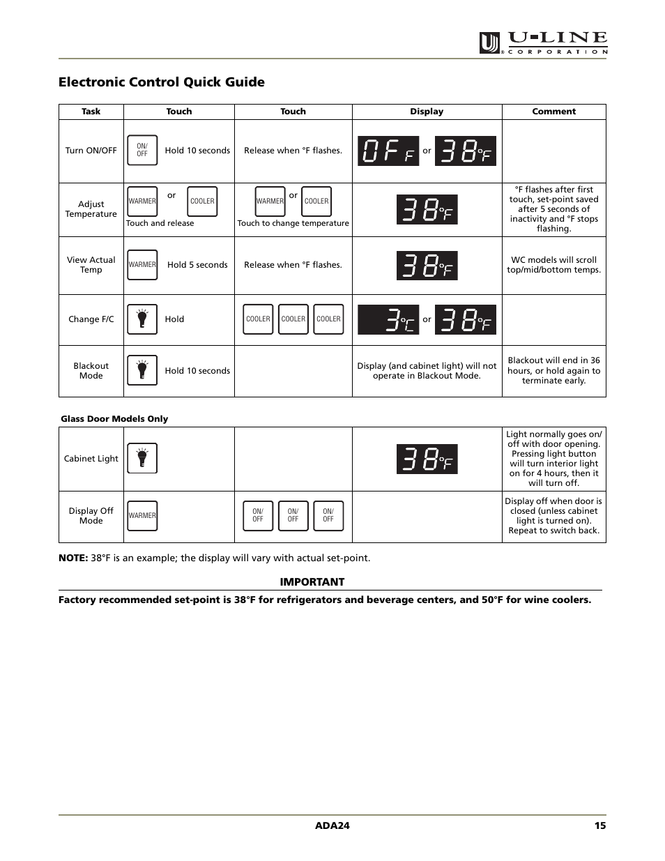 Electronic control quick guide, Ada series | U-Line ADA SERIES ADA24R User Manual | Page 17 / 20