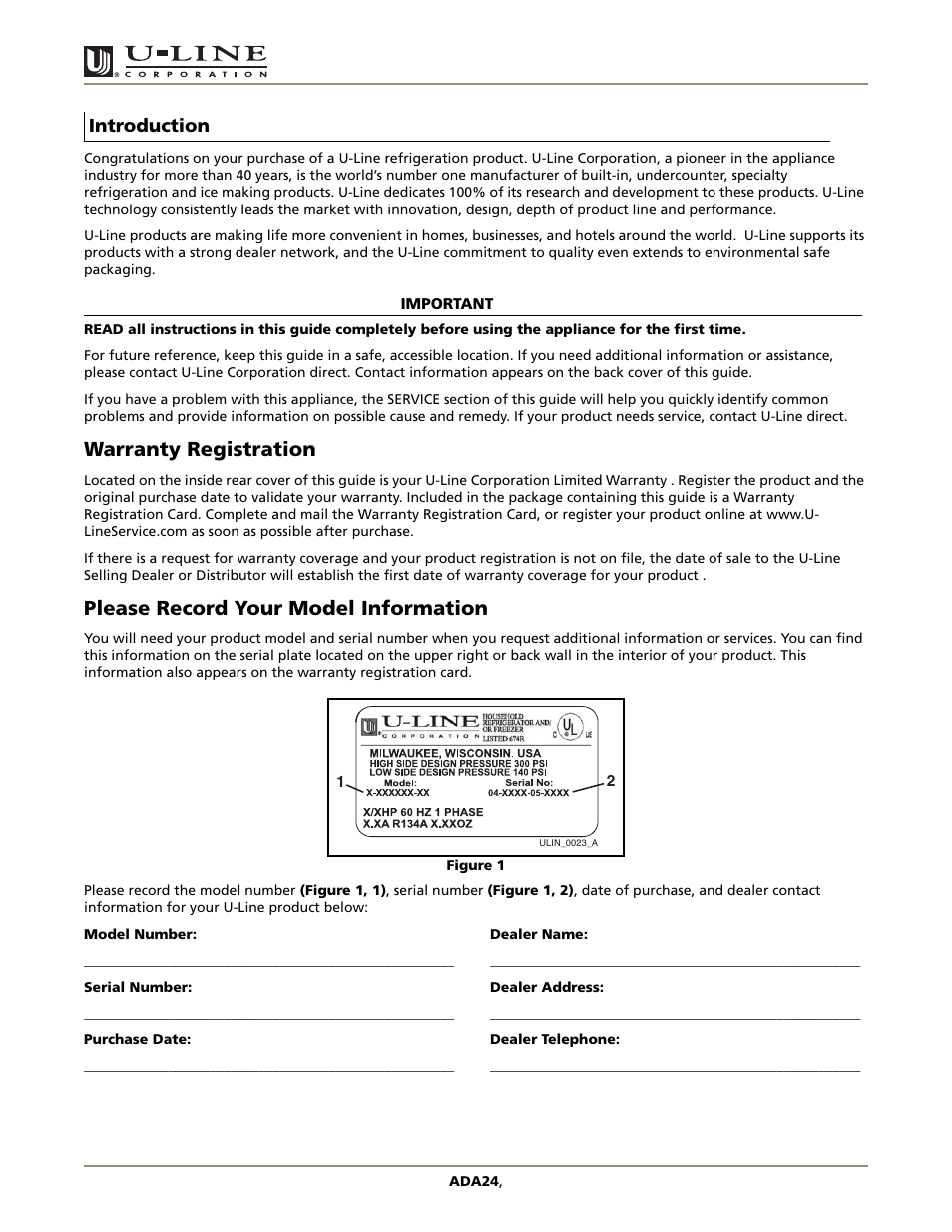 Ada series, Warranty registration, Please record your model information | U-Line ADA SERIES ADA24R User Manual | Page 2 / 20