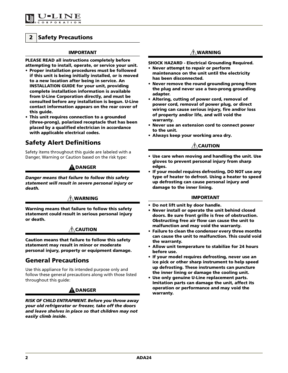 Safety precautions, Safety alert definitions general precautions, Ada series | Safety alert definitions, General precautions | U-Line ADA SERIES ADA24R User Manual | Page 4 / 20
