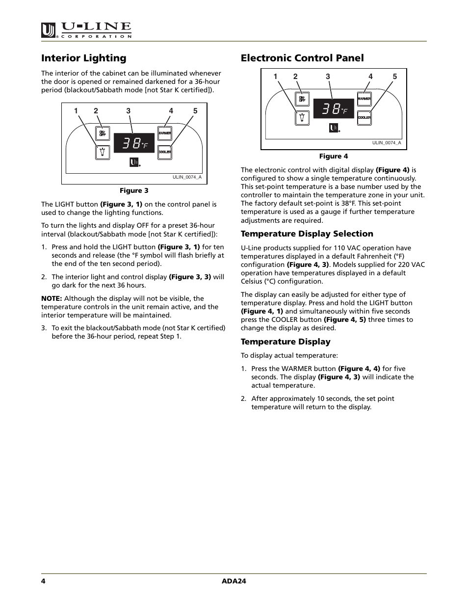 Interior lighting electronic control panel, Ada series, Interior lighting | Electronic control panel | U-Line ADA SERIES ADA24R User Manual | Page 6 / 20