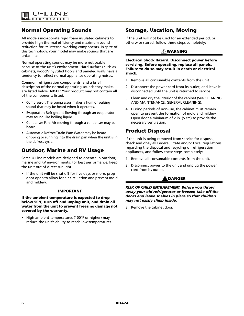 Ada series, Normal operating sounds, Outdoor, marine and rv usage | Storage, vacation, moving, Product disposal | U-Line ADA SERIES ADA24R User Manual | Page 8 / 20