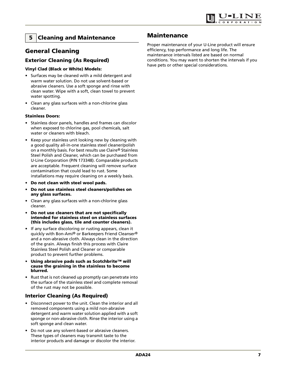 General cleaning, Cleaning and maintenance, Maintenance | Ada series | U-Line ADA SERIES ADA24R User Manual | Page 9 / 20
