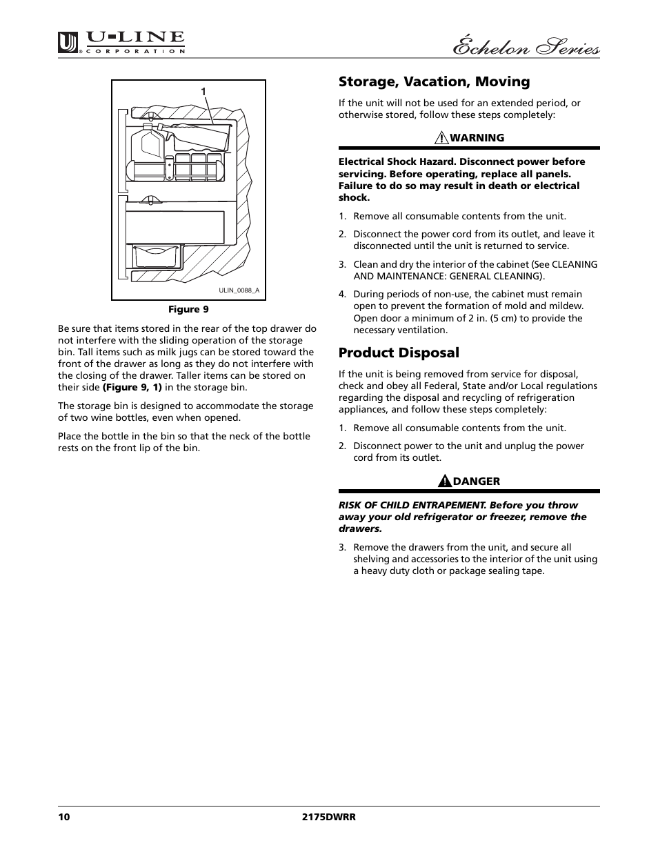 Storage, vacation, moving, Product disposal | U-Line 2175DWRR User Manual | Page 10 / 20