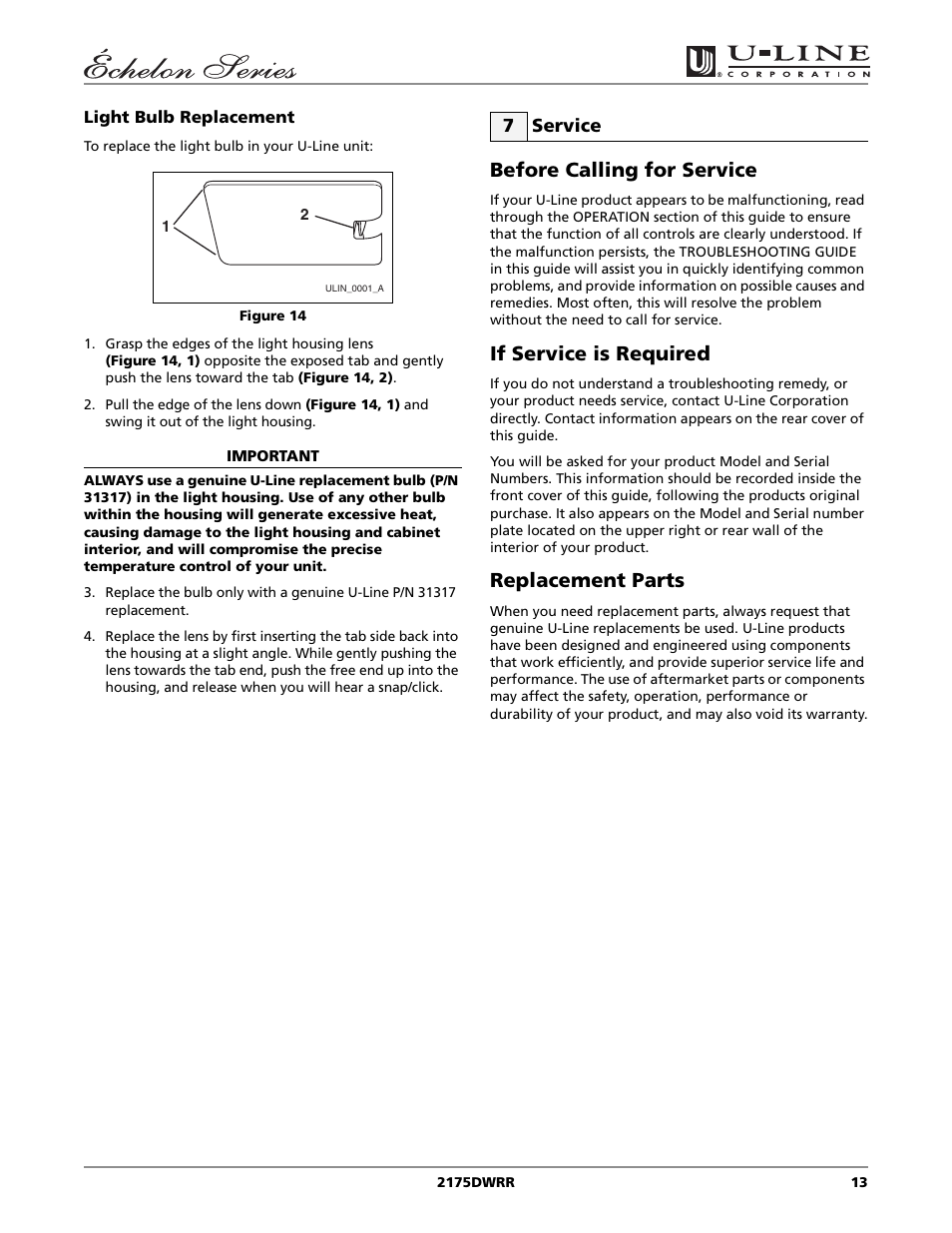 Before calling for service, If service is required, Replacement parts | U-Line 2175DWRR User Manual | Page 13 / 20