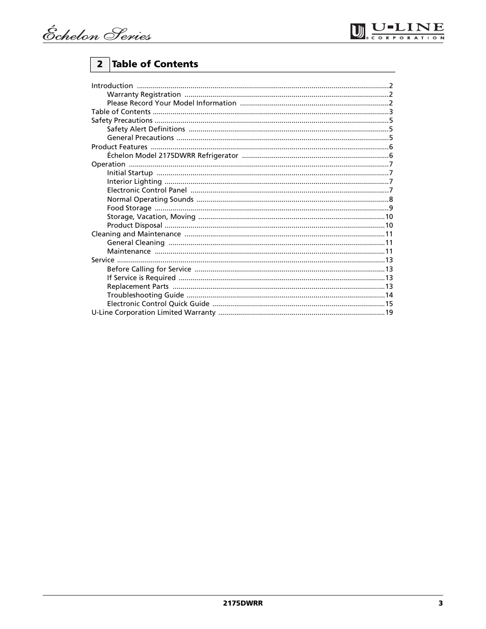 2 table of contents | U-Line 2175DWRR User Manual | Page 3 / 20