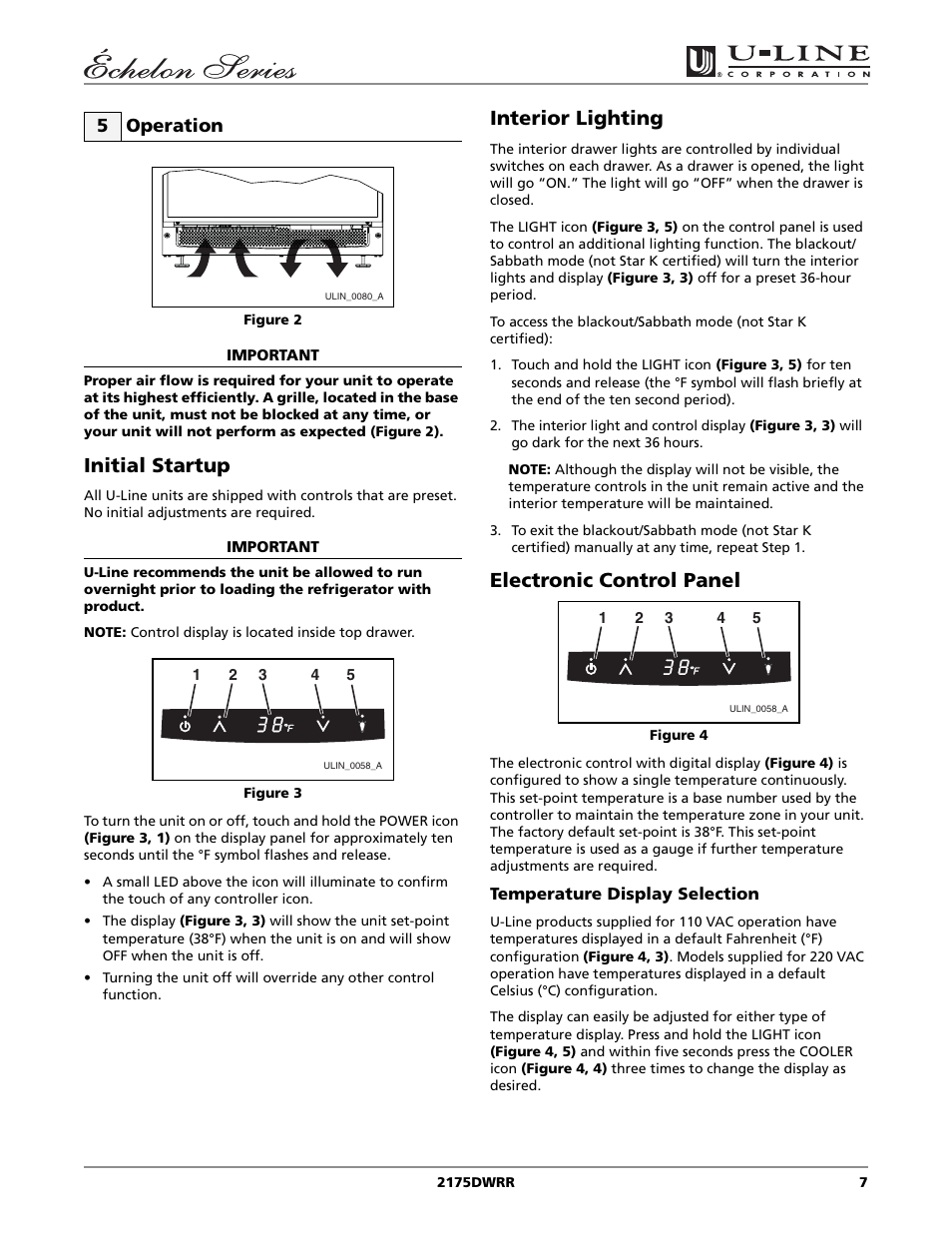 Initial startup, Interior lighting, Electronic control panel | 5 operation | U-Line 2175DWRR User Manual | Page 7 / 20