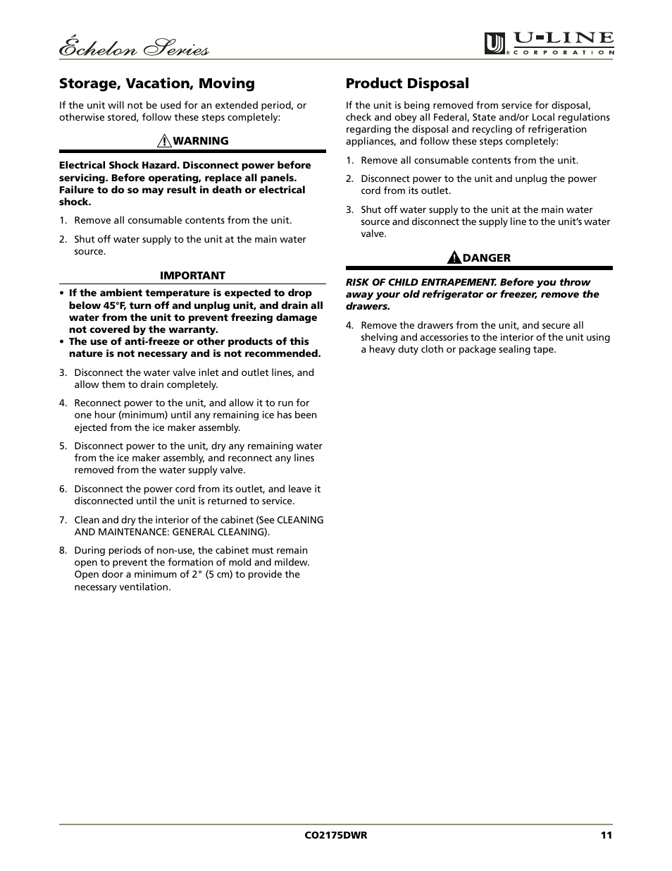 Storage, vacation, moving, Product disposal | U-Line CO2175DWR User Manual | Page 11 / 20