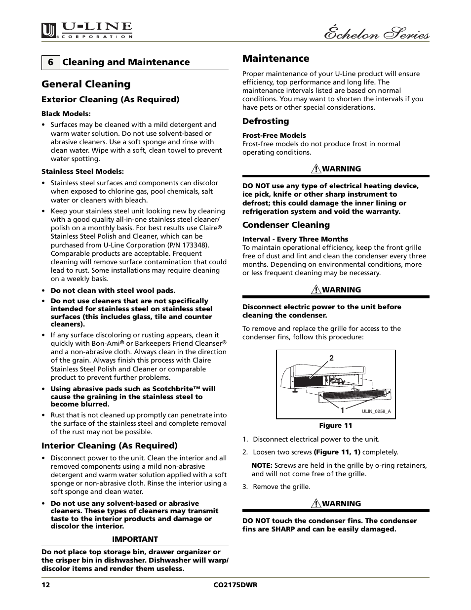 General cleaning, Maintenance, 6 cleaning and maintenance | U-Line CO2175DWR User Manual | Page 12 / 20