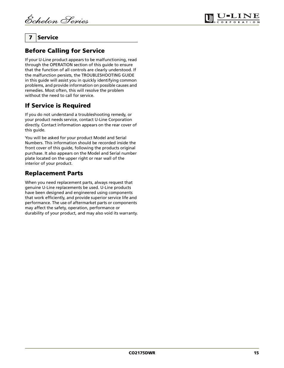 Before calling for service, If service is required, Replacement parts | U-Line CO2175DWR User Manual | Page 15 / 20