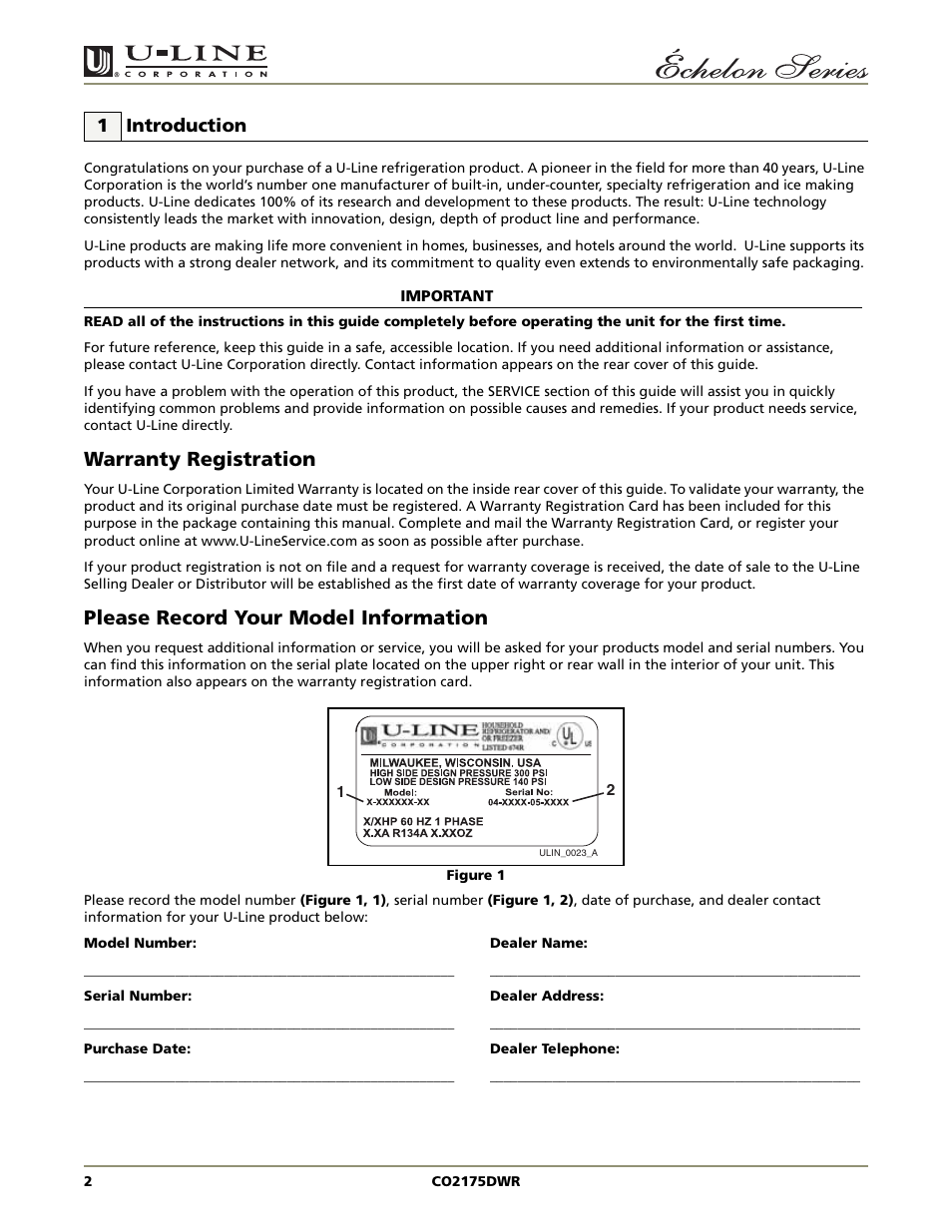 Warranty registration, Please record your model information, 1 introduction | U-Line CO2175DWR User Manual | Page 2 / 20