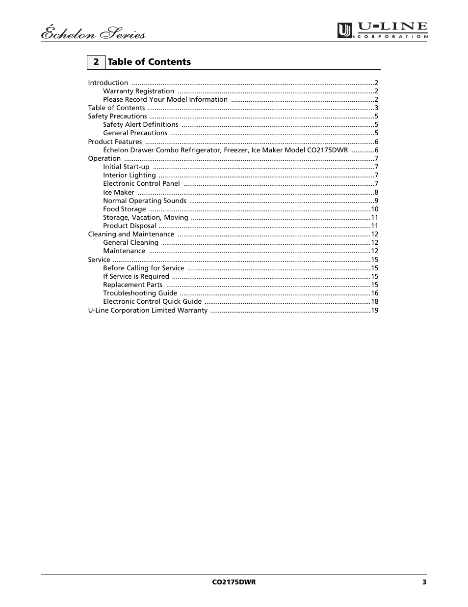 2 table of contents | U-Line CO2175DWR User Manual | Page 3 / 20