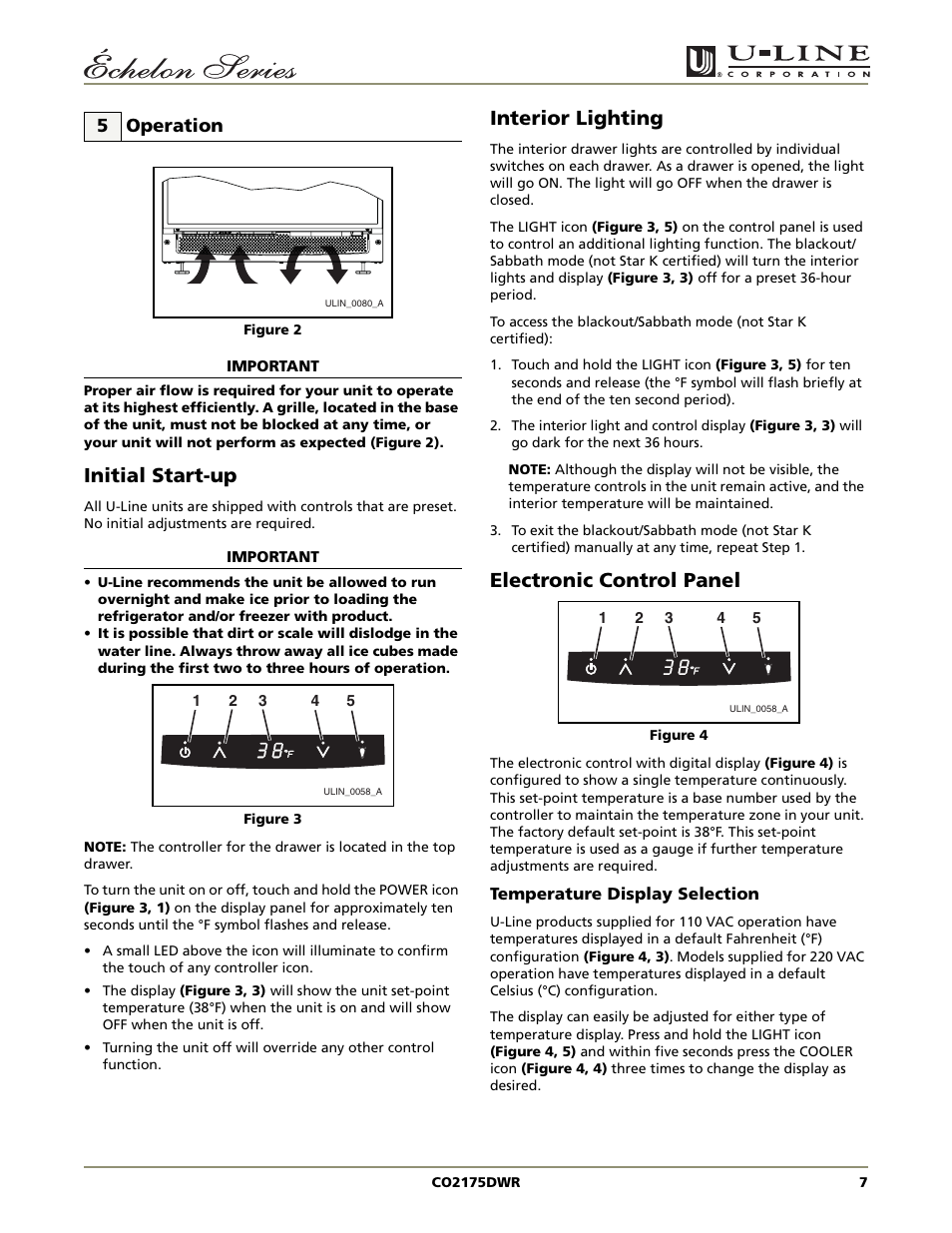 Initial start-up, Interior lighting, Electronic control panel | 5 operation | U-Line CO2175DWR User Manual | Page 7 / 20