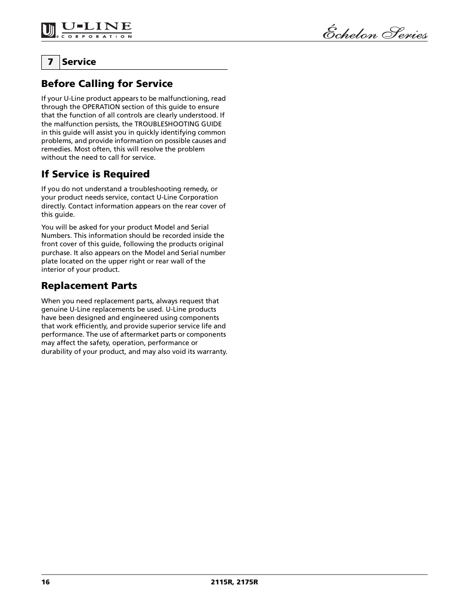 Before calling for service, If service is required, Replacement parts | U-Line 2115R User Manual | Page 16 / 20