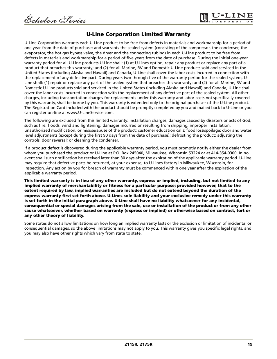 U-line corporation limited warranty | U-Line 2115R User Manual | Page 19 / 20