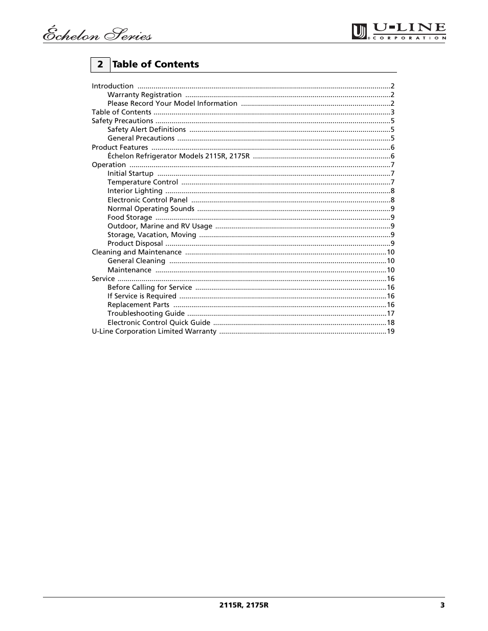 2 table of contents | U-Line 2115R User Manual | Page 3 / 20