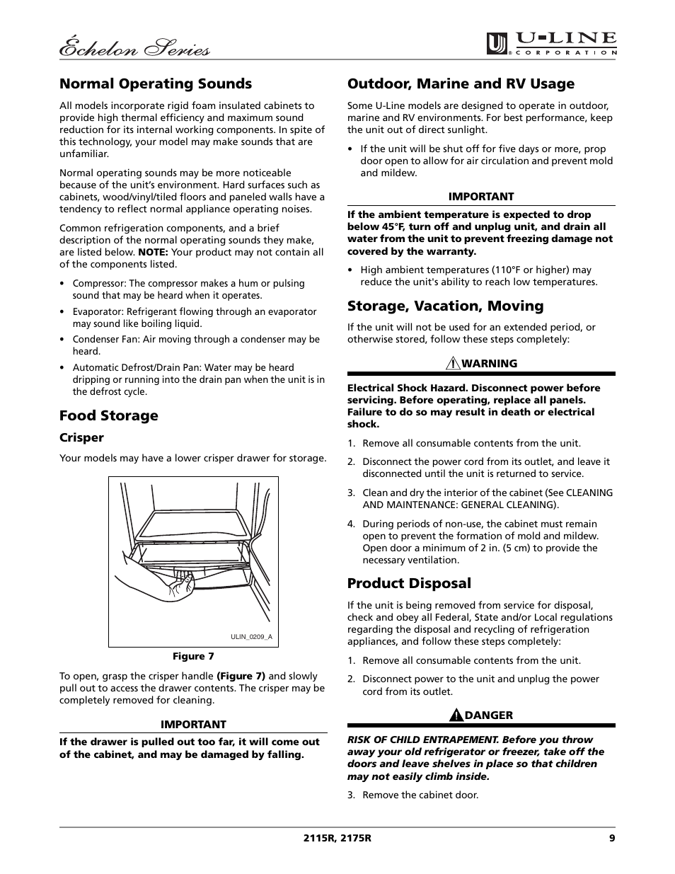 Normal operating sounds, Food storage, Outdoor, marine and rv usage | Storage, vacation, moving, Product disposal | U-Line 2115R User Manual | Page 9 / 20