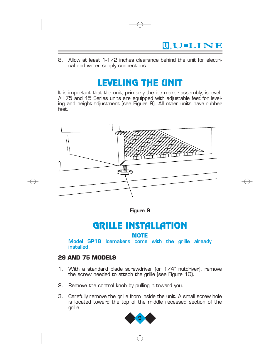 Leveling the unit, Grille installation, Leveling the unit grille installation | U-Line Refrigerator/Ice-Maker Combos User Manual | Page 11 / 38