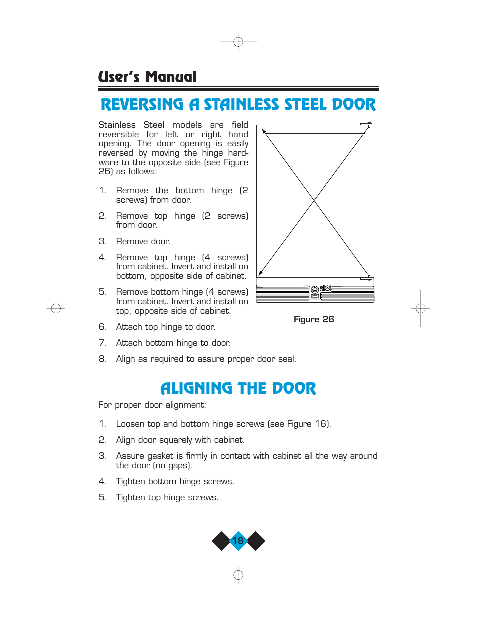 Reversing a stainless steel door, Aligning the door, Reversing a stainless steel door aligning the door | User’s manual reversing a stainless steel door | U-Line Refrigerator/Ice-Maker Combos User Manual | Page 20 / 38