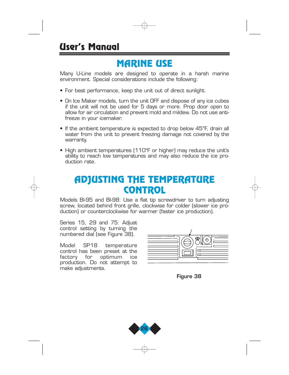 Marine use, Adjusting the temperature control, Marine use adjusting the temperature control | User’s manual marine use | U-Line Refrigerator/Ice-Maker Combos User Manual | Page 28 / 38