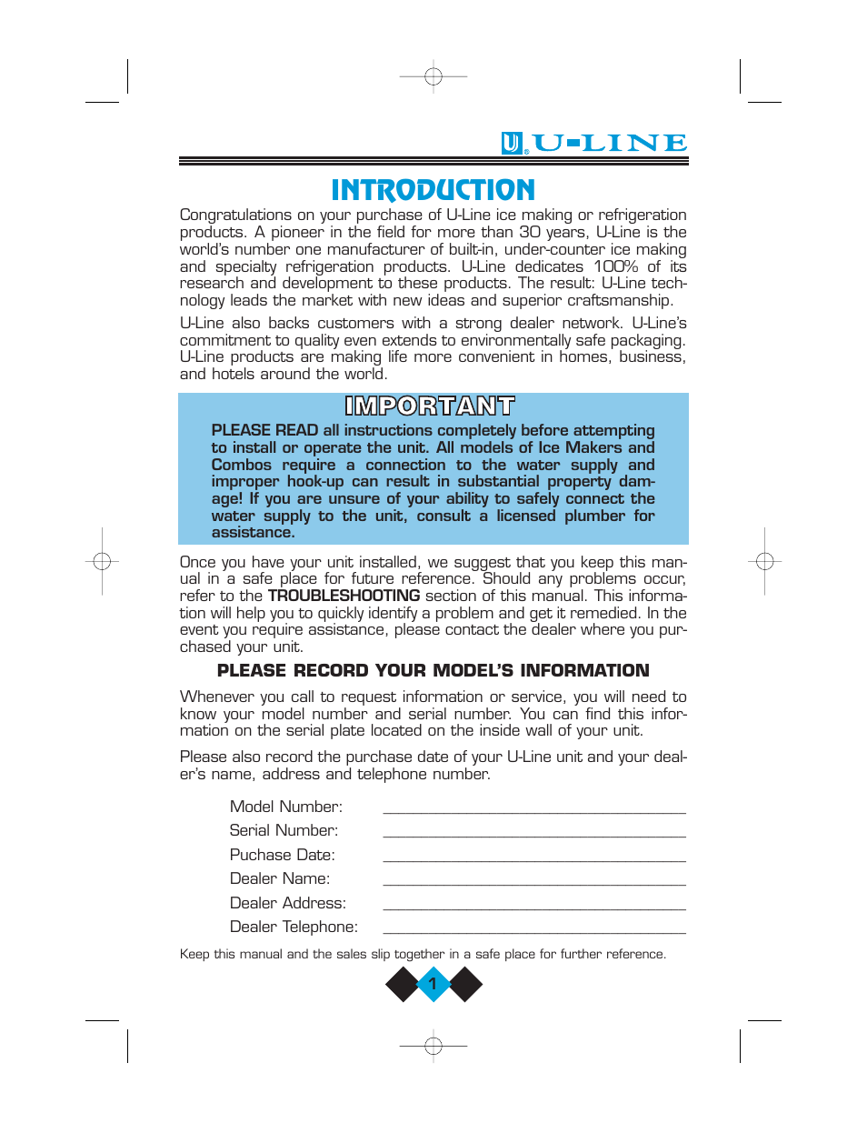 Introduction | U-Line Refrigerator/Ice-Maker Combos User Manual | Page 3 / 38