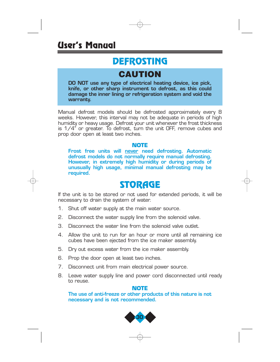 Defrosting, Storage, Defrosting storage | User’s manual defrosting caution | U-Line Refrigerator/Ice-Maker Combos User Manual | Page 32 / 38