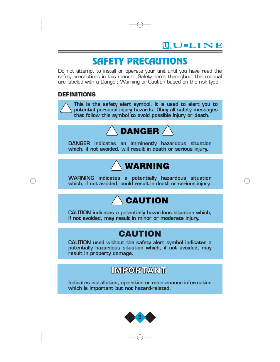 Safety precautions, Caution, Danger | U-Line Refrigerator/Ice-Maker Combos User Manual | Page 5 / 38