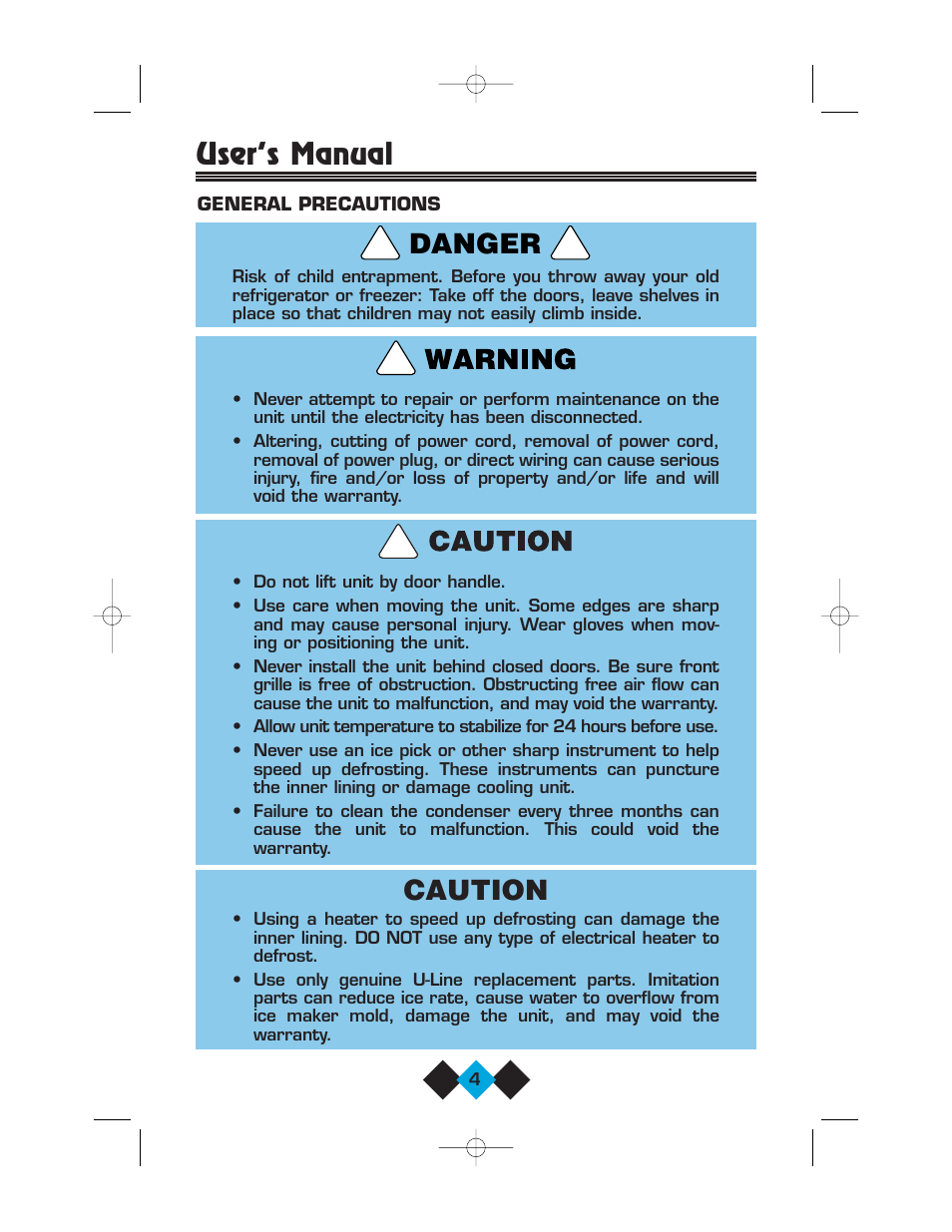 User’s manual, Caution, Danger | U-Line Refrigerator/Ice-Maker Combos User Manual | Page 6 / 38