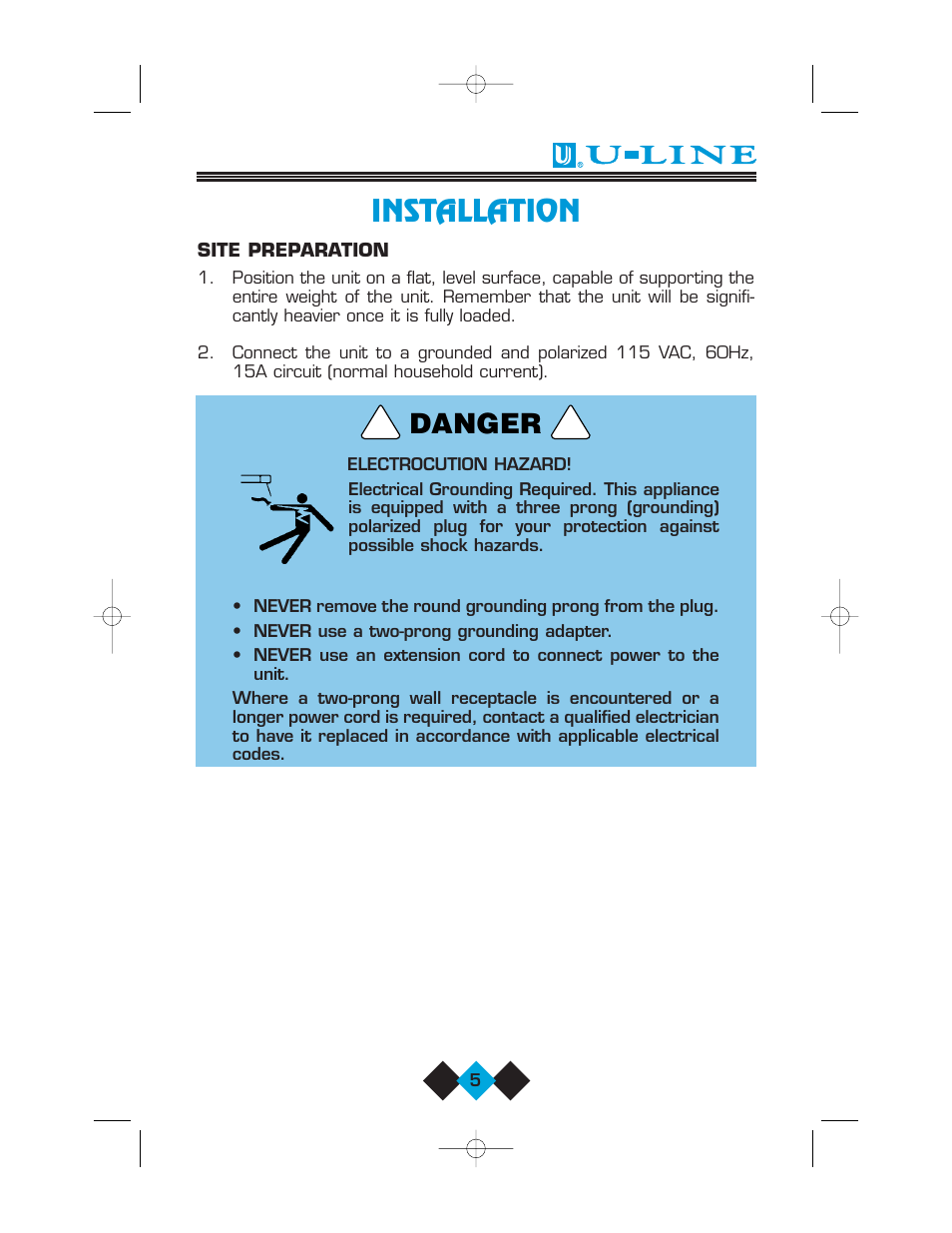 Installation, Danger | U-Line Refrigerator/Ice-Maker Combos User Manual | Page 7 / 38