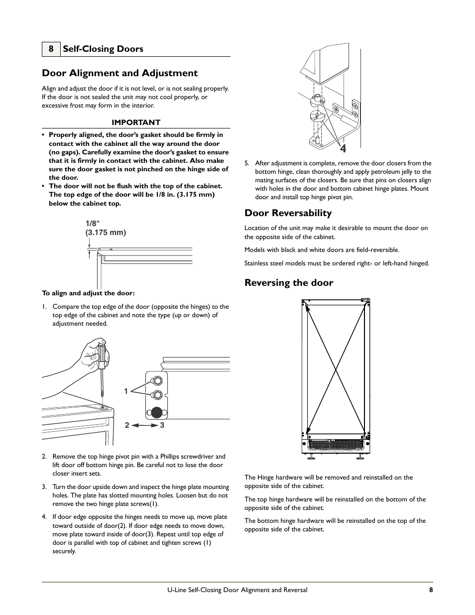 Door alignment and adjustment, Door reversability, Reversing the door | U-Line CO1175 User Manual | Page 10 / 22