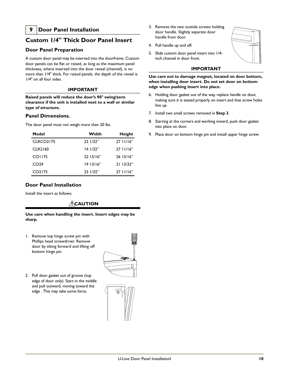 Custom 1/4'' thick door panel insert, 9 door panel installation | U-Line CO1175 User Manual | Page 12 / 22