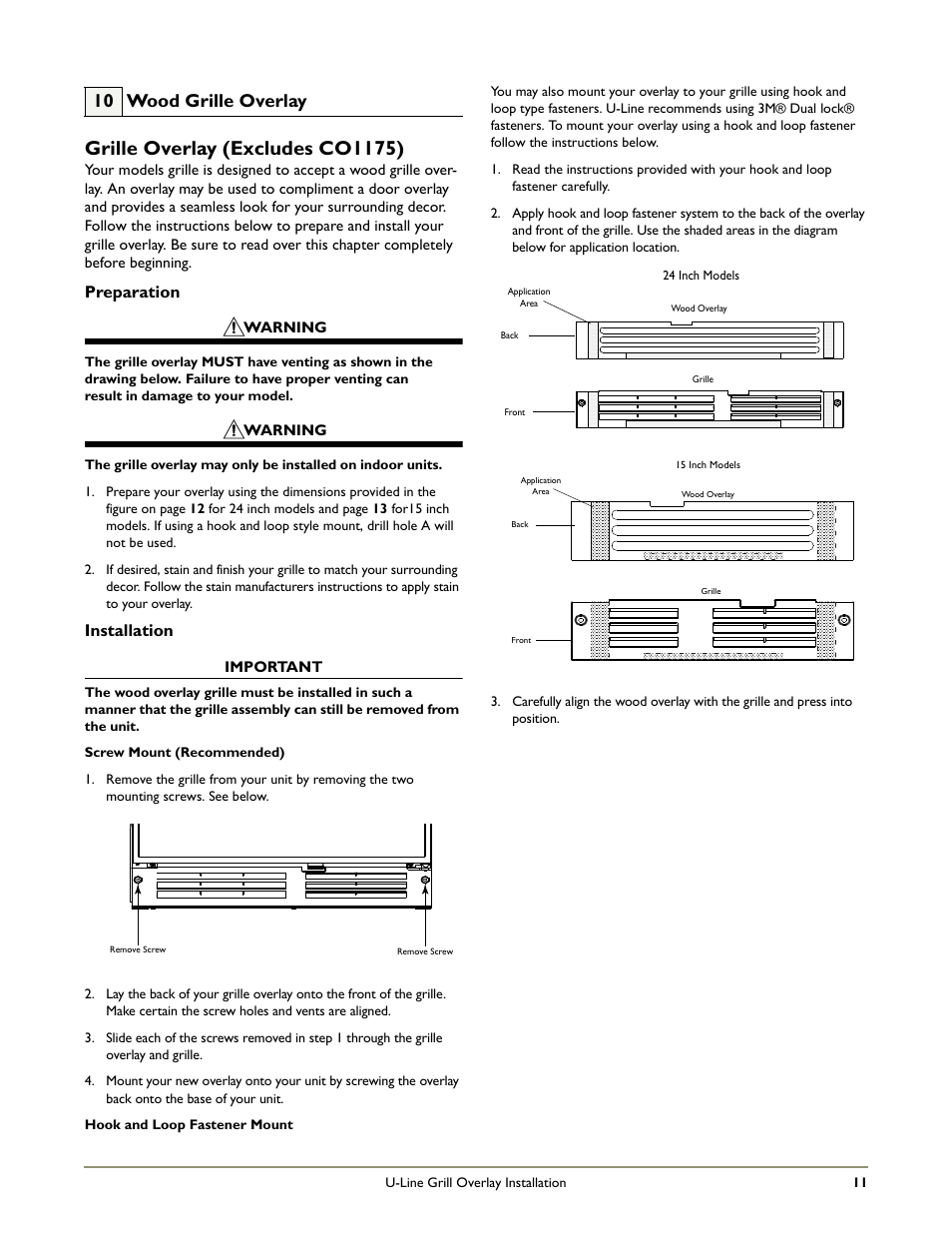 Grille overlay (excludes co1175), 10 wood grille overlay, Preparation | Installation | U-Line CO1175 User Manual | Page 13 / 22