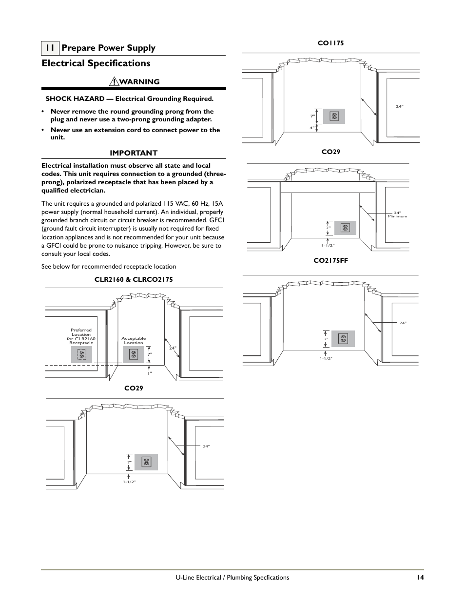 Electrical specifications, Receptacle location, 11 prepare power supply | Warning, Important | U-Line CO1175 User Manual | Page 16 / 22