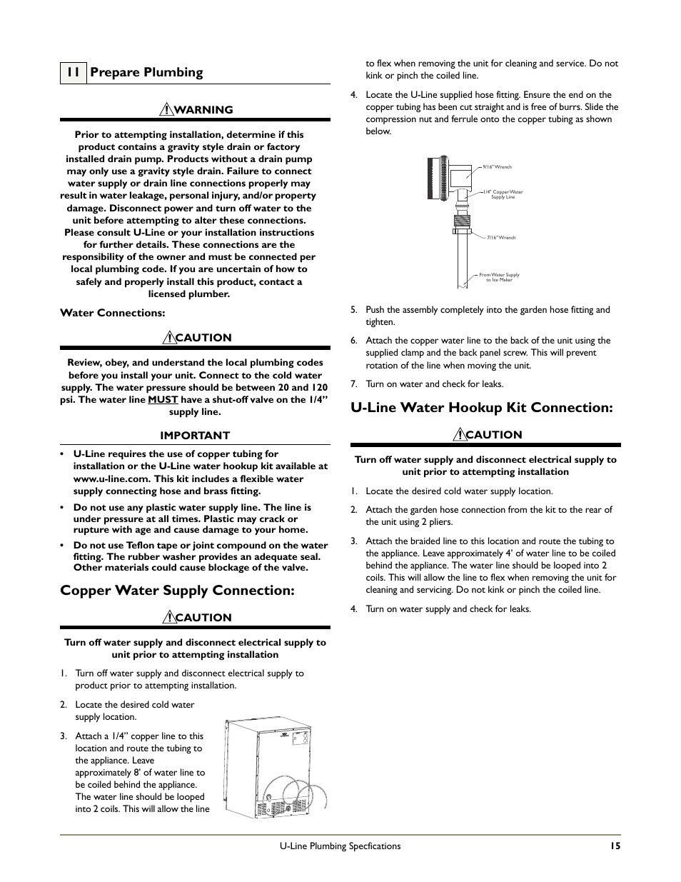 Copper water supply connection, U-line water hookup kit connection, 11 prepare plumbing | U-Line CO1175 User Manual | Page 17 / 22