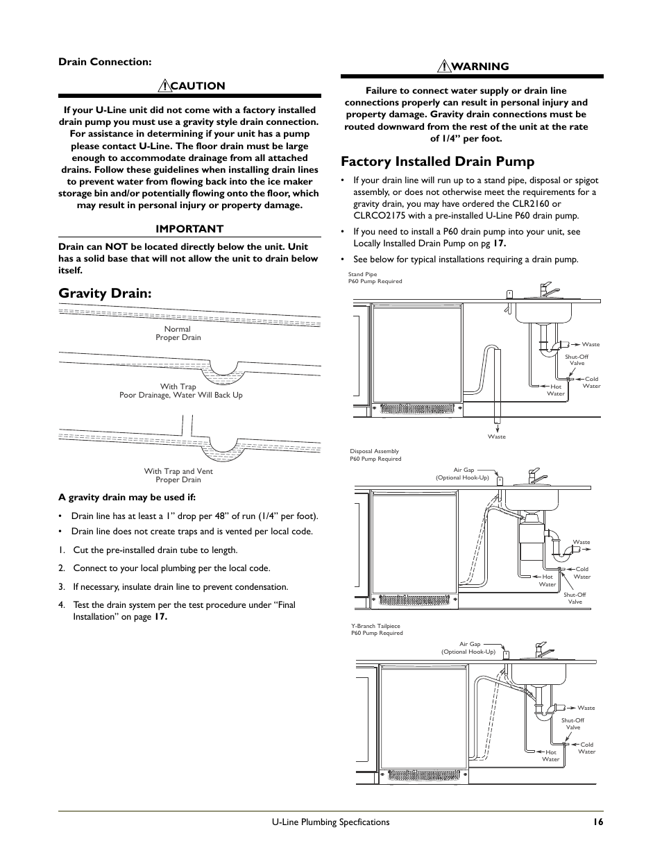 Gravity drain, Factory installed drain pump | U-Line CO1175 User Manual | Page 18 / 22