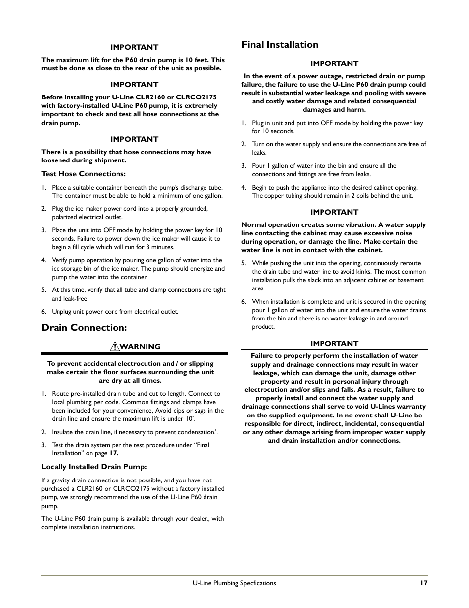 Drain connection, Final installation | U-Line CO1175 User Manual | Page 19 / 22