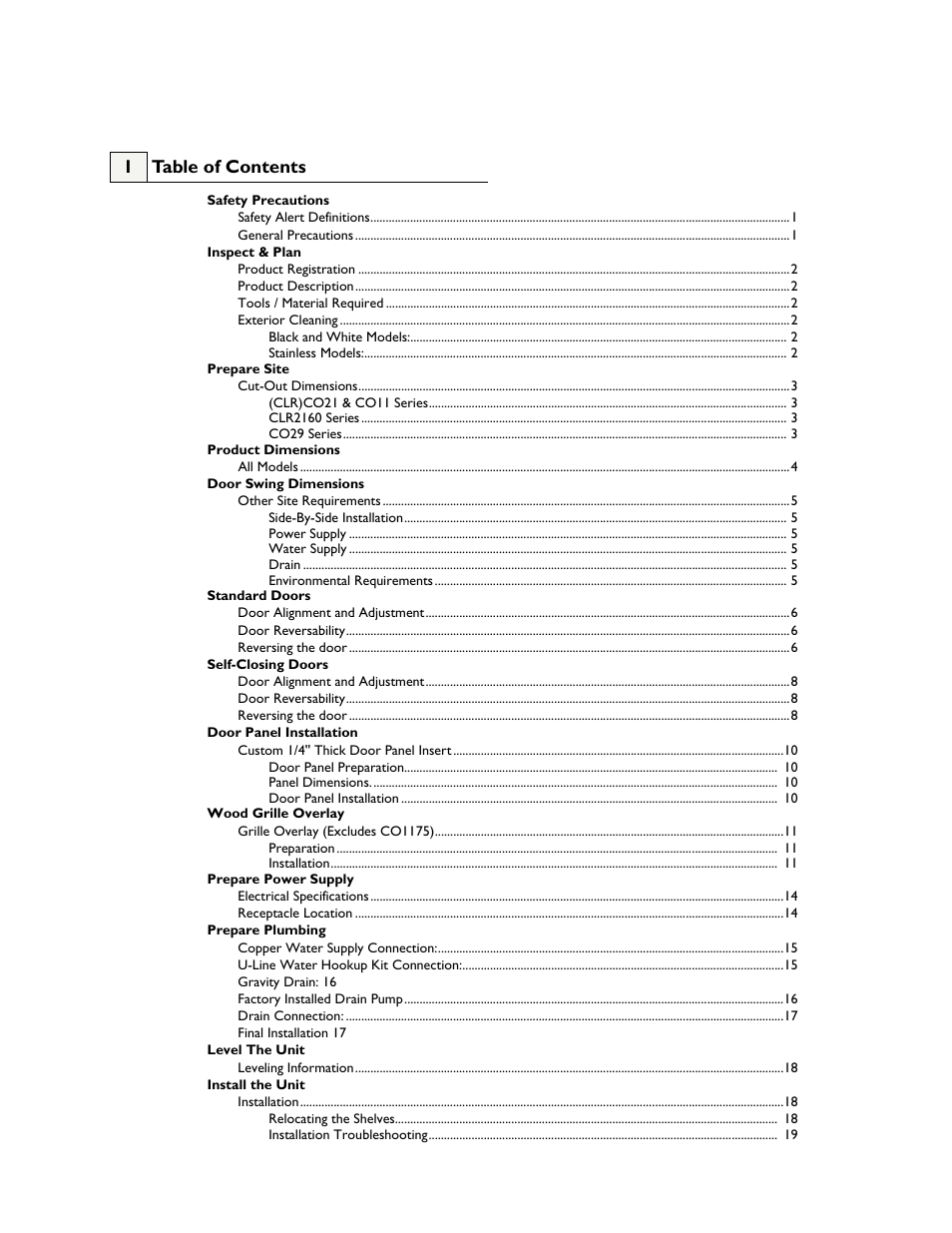 1 table of contents | U-Line CO1175 User Manual | Page 2 / 22