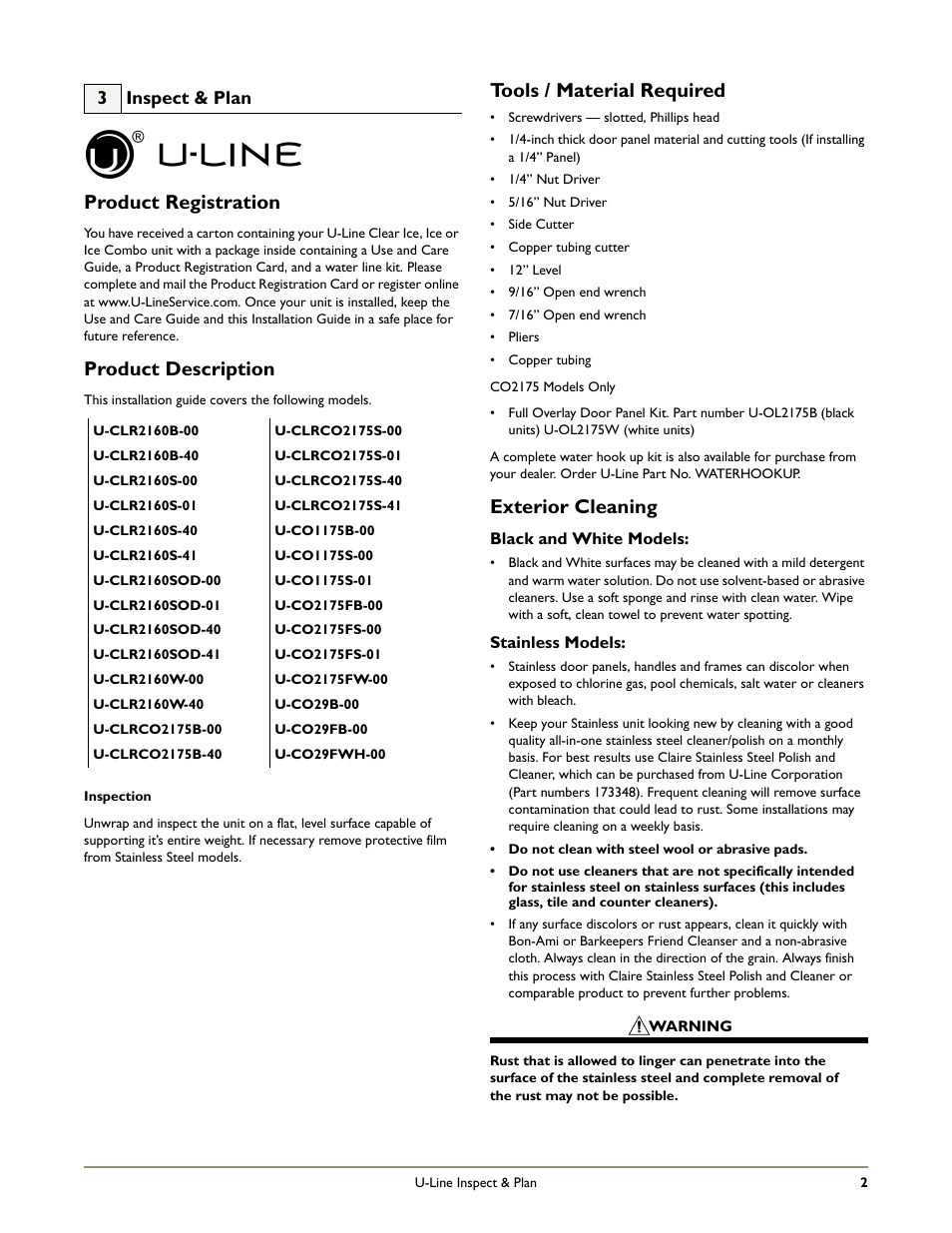 Product registration, Product description, Tools / material required | Exterior cleaning | U-Line CO1175 User Manual | Page 4 / 22