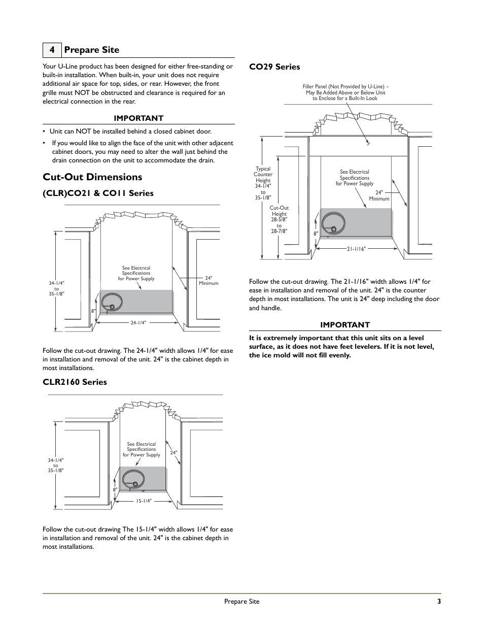 Cut-out dimensions, 4 prepare site, Clr)co21 & co11 series | Clr2160 series, Co29 series | U-Line CO1175 User Manual | Page 5 / 22