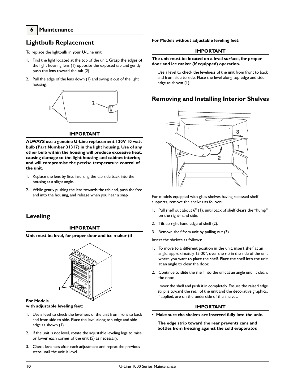 Lightbulb replacement, Leveling, Removing and installing interior shelves | U-Line WINE CAPTAIN 1000 User Manual | Page 12 / 20