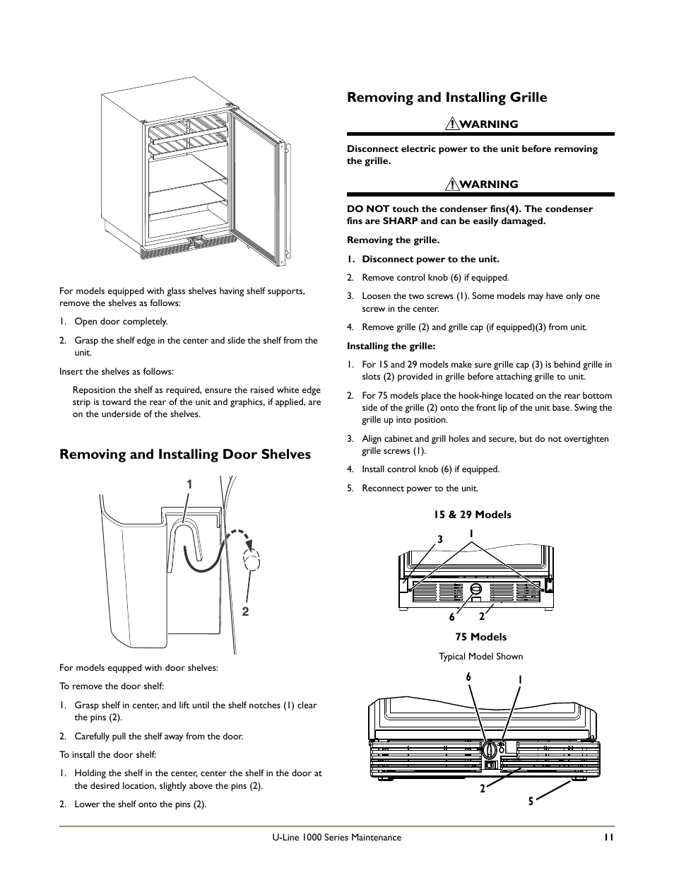 Removing and installing door shelves, Removing and installing grille | U-Line WINE CAPTAIN 1000 User Manual | Page 13 / 20