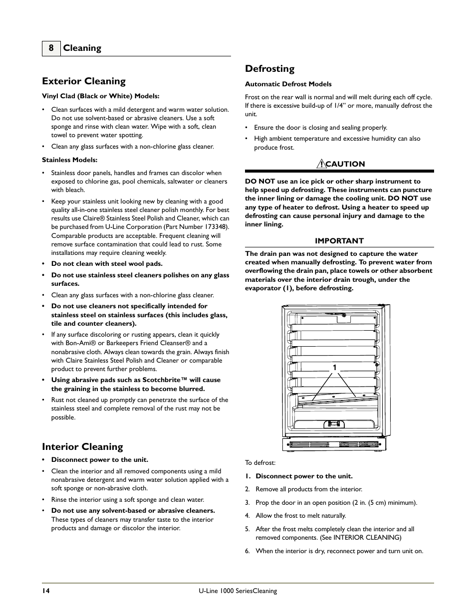 Exterior cleaning, Interior cleaning, Defrosting | 8 cleaning | U-Line WINE CAPTAIN 1000 User Manual | Page 16 / 20