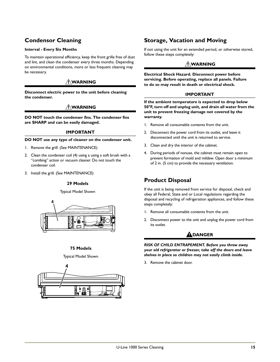 Condensor cleaning, Storage, vacation and moving, Product disposal | U-Line WINE CAPTAIN 1000 User Manual | Page 17 / 20