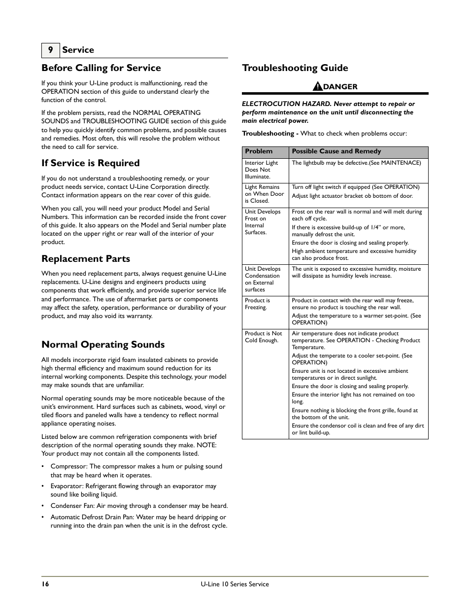 Normal operating sounds, Troubleshooting guide, Before calling for service | If service is required, Replacement parts, 9 service | U-Line WINE CAPTAIN 1000 User Manual | Page 18 / 20