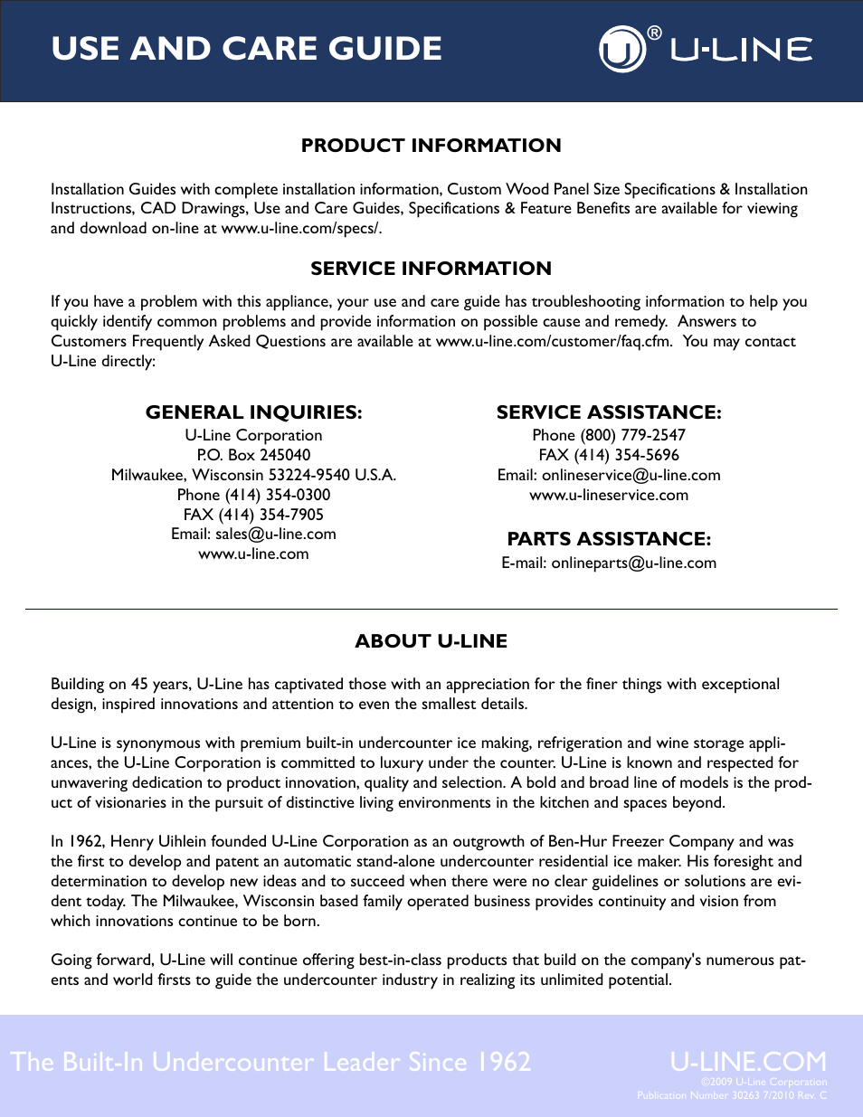 Use and care guide | U-Line WINE CAPTAIN 1000 User Manual | Page 20 / 20