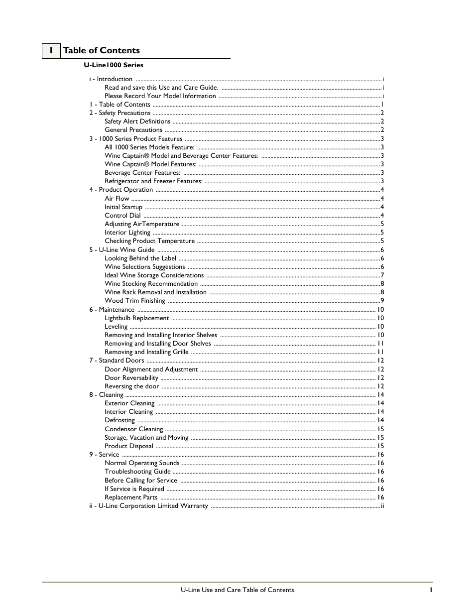 1 table of contents | U-Line WINE CAPTAIN 1000 User Manual | Page 3 / 20